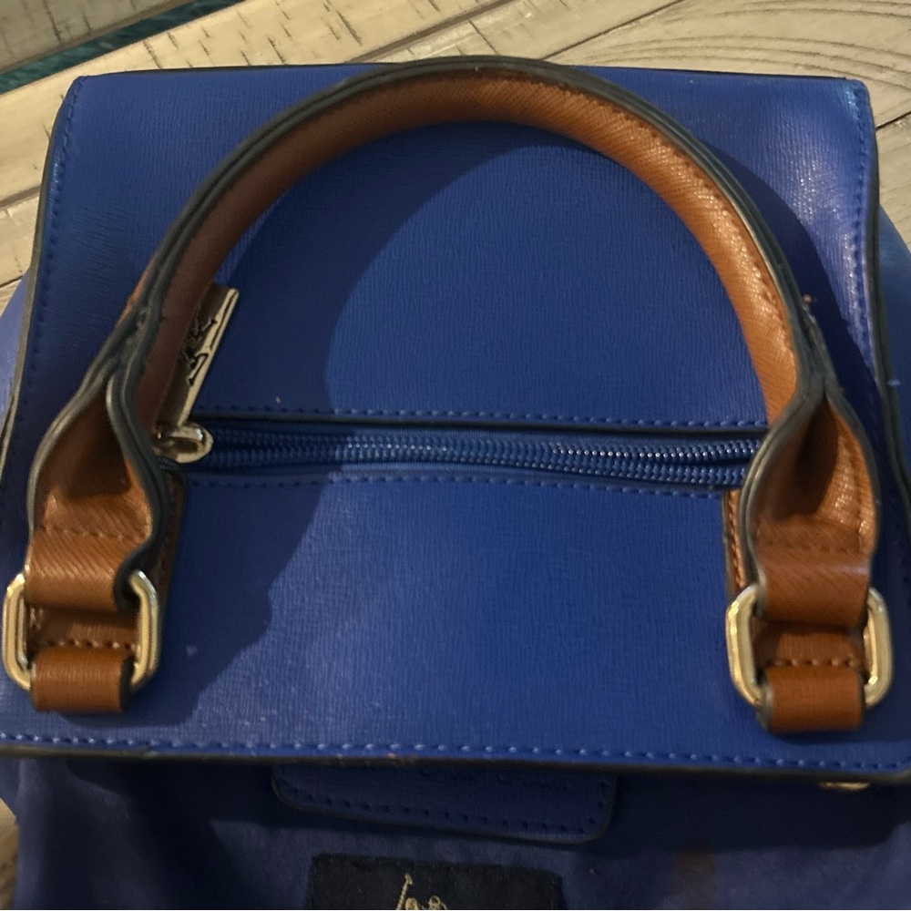 U.S. Polo Assn Satchel Handbag Blue w/Green Stripe Brown Handles Gold Hardware - Picture 7 of 14